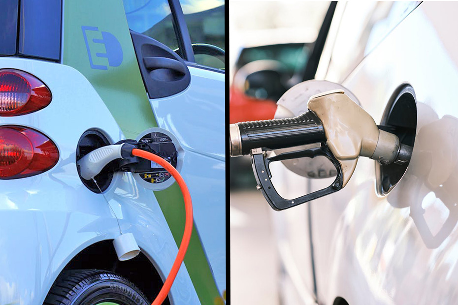 Split image. On the left is an image of an electric car and a charging station. On the right is an image of a gas gas at a fuel pump