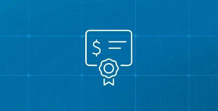 White certificate icon with a dollar sign and ribbon on a blue background featuring subtle topographic map lines.