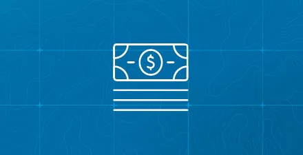 Stack of cash icon with three lines beneath on a blue grid background.