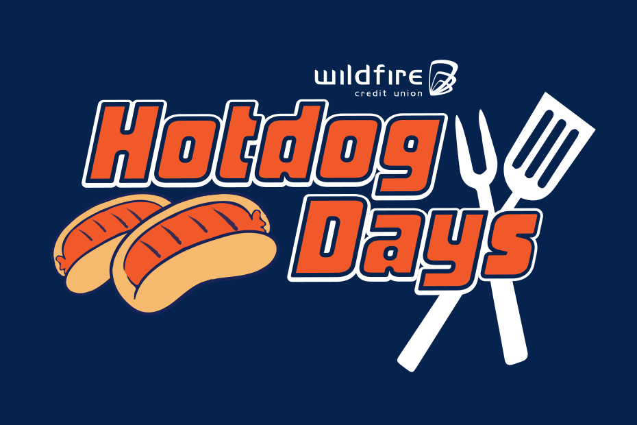 Image with blue background, Hot dog day , wildfire logo and grilling tools