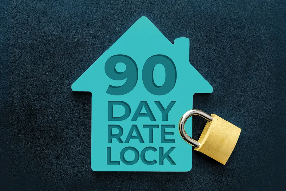 90 day rate lock text in teal digital house with key lock and navy blue background.