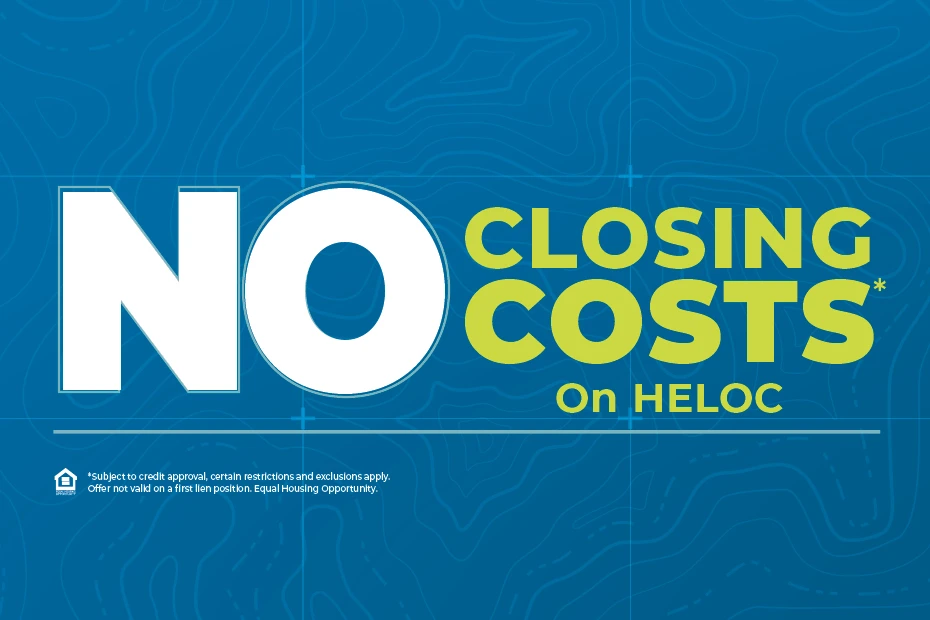 No Closing Costs on HELOC in green and white text on a blue grid topo background.