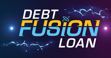 Debt Fusion Logo with the word fusion in yellow and blue multi colored text with atom symbol above the I. Lightning bolts and glowing pink and blue balls dance around the text