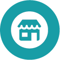 White Cartoon storefront icon in a teal circle