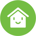 light green icon with a house that has a smiley face on it