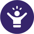 White cartoon person cheering inside a purple circle