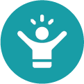 Teal icon with a person with raised arms