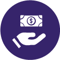 Icon with purple background and icons of money and a hand
