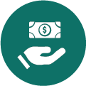 White cartoon hand with a dollar bill floating above it in a dark green circle