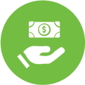 White cartoon hand with a dollar bill floating above it in a green circle