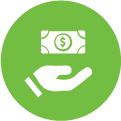 White cartoon hand with a dollar bill floating above it in a green circle