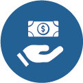 Icon with blue background and icons of money and a hand