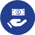 White cartoon hand with a dollar bill floating above it in a royal blue circle