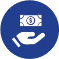 White cartoon hand with a dollar bill floating above it in a royal blue circle