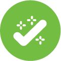 White checkmark with three white stars in a light green circle