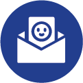 White cartoon of a white envelope that has a white letter coming out of it with a smiley face in a royal blue circle