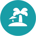 Teal icon with palm tree and umbrella