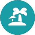 White cartoon island icon with palm tree and an umbrella in a teal circle