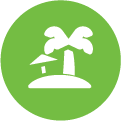 White palm tree on an island cartoon over a light green circle