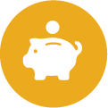 White piggy bank icon with a white coin going into it in a orange circle