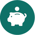 White piggy bank icon with a white coin going into it in a dark green circle