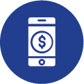 White cartoon smartphone with a US dollar symbol on the screen in a royal blue circle