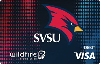 Dark blue card with red and light blue dot patterns with SVSU Cardinal