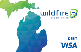 White card with blue and green state of Michigan on it and blue Wildfire and Visa logos