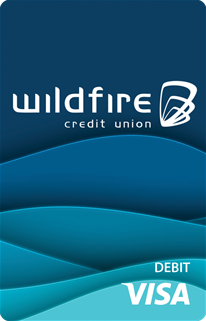 Vertical Wildfire debit card with different shades of blue in a wave pattern