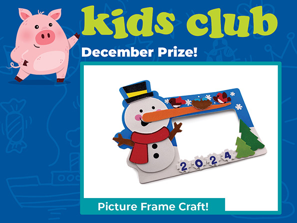 Cartoon pig pointing to a winter picture frame