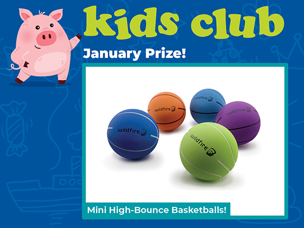 Cartoon pig pointing to different colored bouncy basketballs