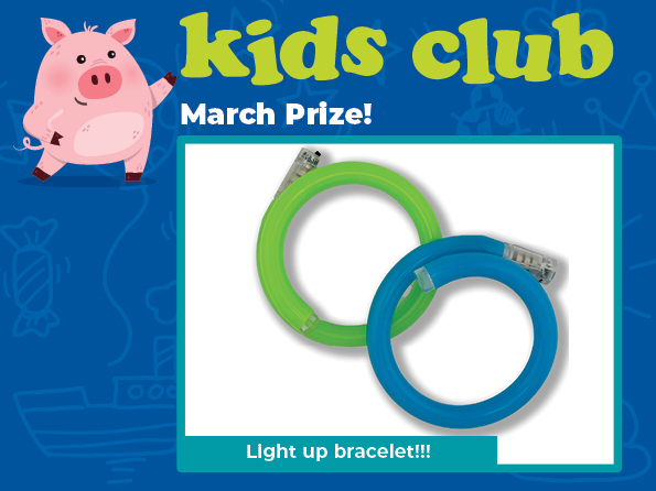 Cartoon pig pointing to two light up bracelets, one bracelet is green, one bracelet is blue