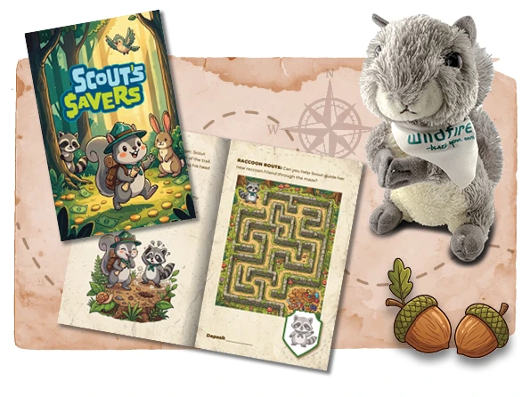 Scout's Savers Adventure Book and Plushie Scout plushie along with adventure prizes on map background.