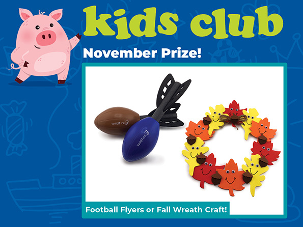 Cartoon pig pointing to a blue and brown Football Flyer and a Wreath made of smiling leaves