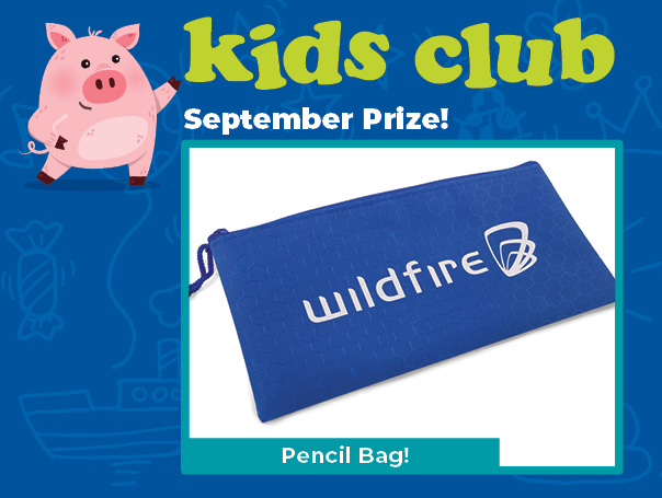 Cartoon pig pointing to Wildfire branded pencil bag